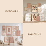 Mermaids + Ballerina collage: Mermaid nursery prints with ocean alphabet and numbers poster beside a ballerina gallery wall with tutu line art, pointe shoes and B is for Ballerina print, both collections included in the girl printable bundle
