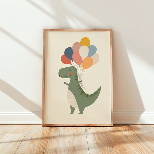 A framed children's art print featuring a cute green dinosaur holding a bunch of colorful balloons, leaning against a white wall on a light wood floor.