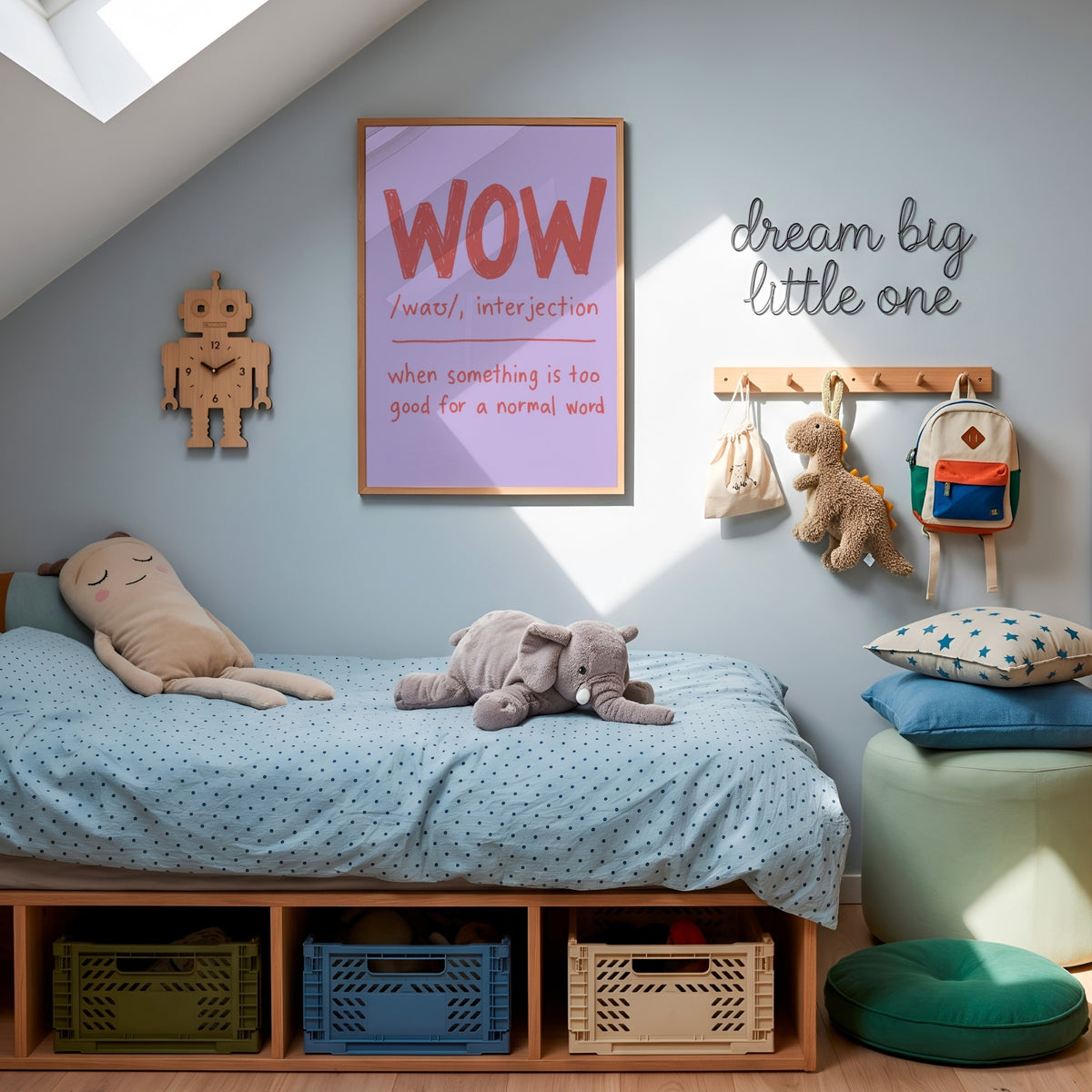 A styled children's bedroom corner with a low wooden bed, light blue bedding, plush toys, wall decor, storage bins, and a bright skylight casting natural light.