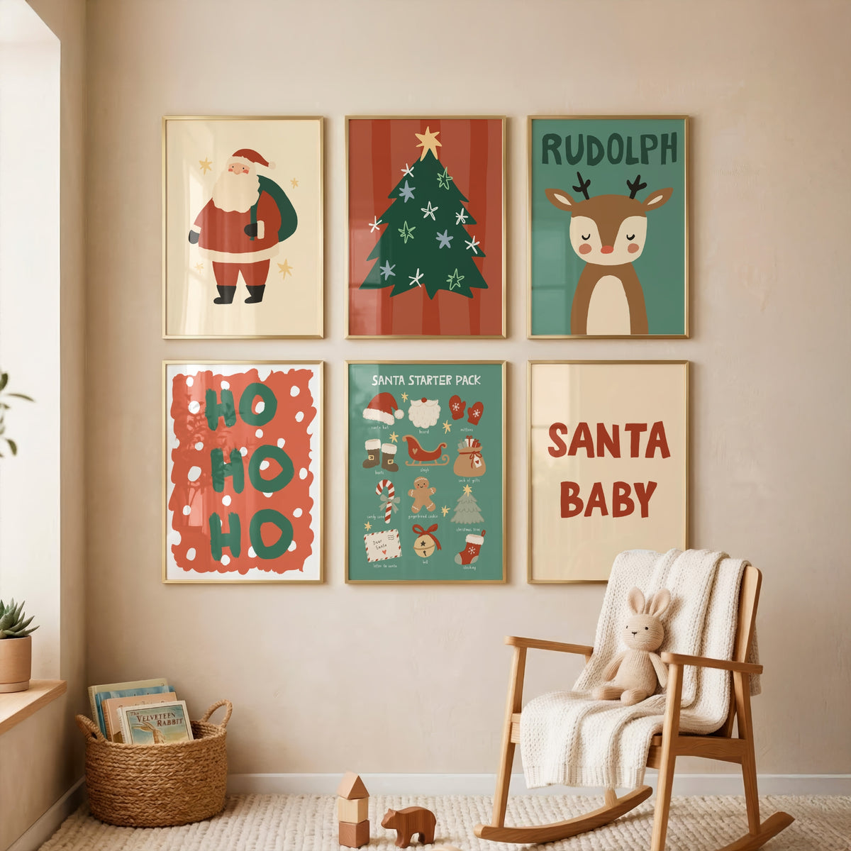 Six framed Christmas-themed art prints arranged on a beige wall above a wooden rocking chair with a stuffed bunny. The prints include Santa, a Christmas tree, Rudolph the Red-Nosed Reindeer, 'Ho Ho Ho', a Santa starter pack collage, and 'Santa Baby'.