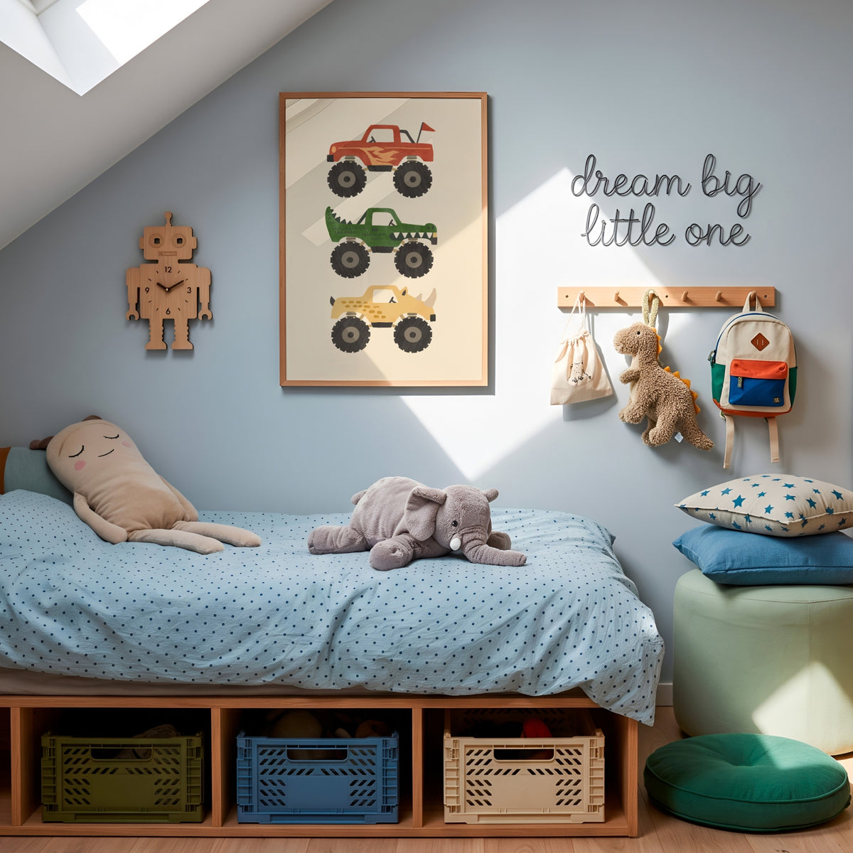 A styled children's bedroom corner with a single bed, blue polka-dot bedding, plush toys, wall hooks, a framed monster truck poster, and the phrase 'dream big little one' on a light blue wall.