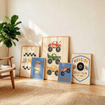 Monster truck nursery prints in oak frames including custom name print, trucks trio and Monster Truck Club badge