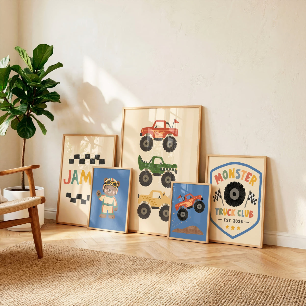 Monster truck nursery prints in oak frames including custom name print, trucks trio and Monster Truck Club badge