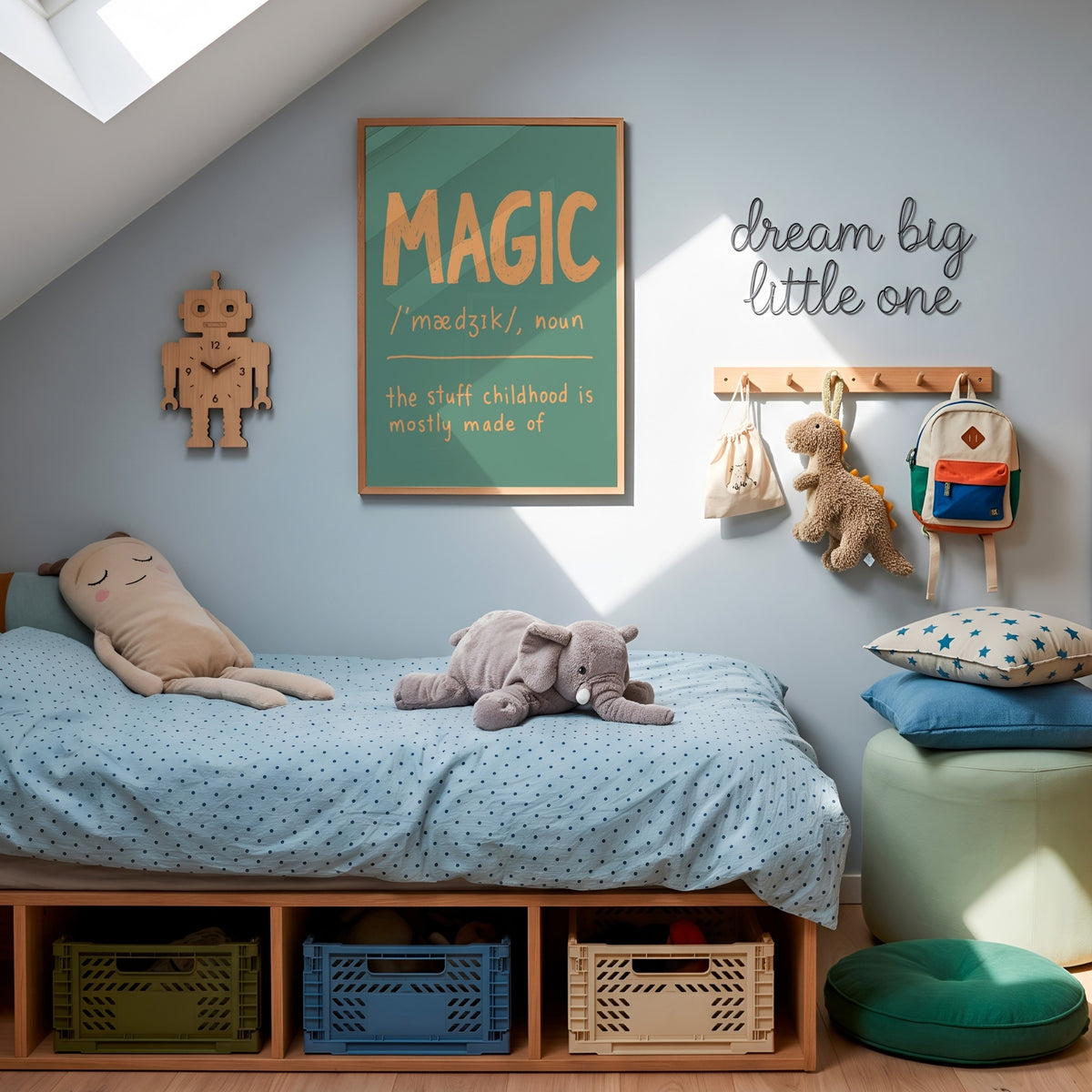 A styled children's bedroom corner with a low wooden bed, light blue bedding, plush toys, wall decor, storage bins, and a green ottoman under a slanted ceiling.