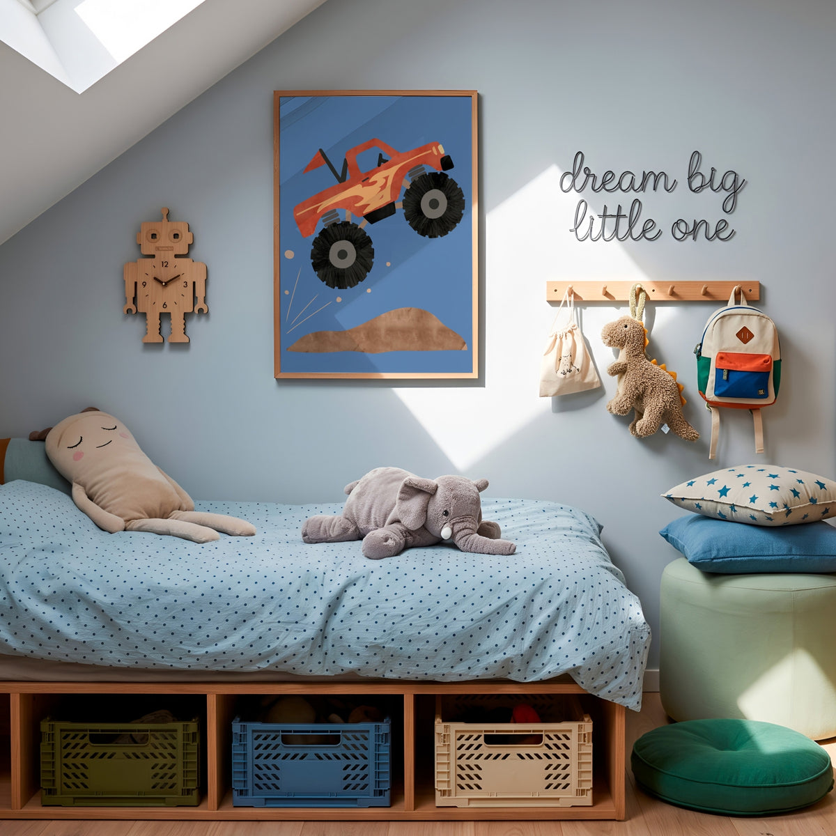 A styled children's bedroom corner with a wooden bed frame, light blue bedding, plush toys, wall art, a robot clock, a backpack, and a green ottoman under a skylight.