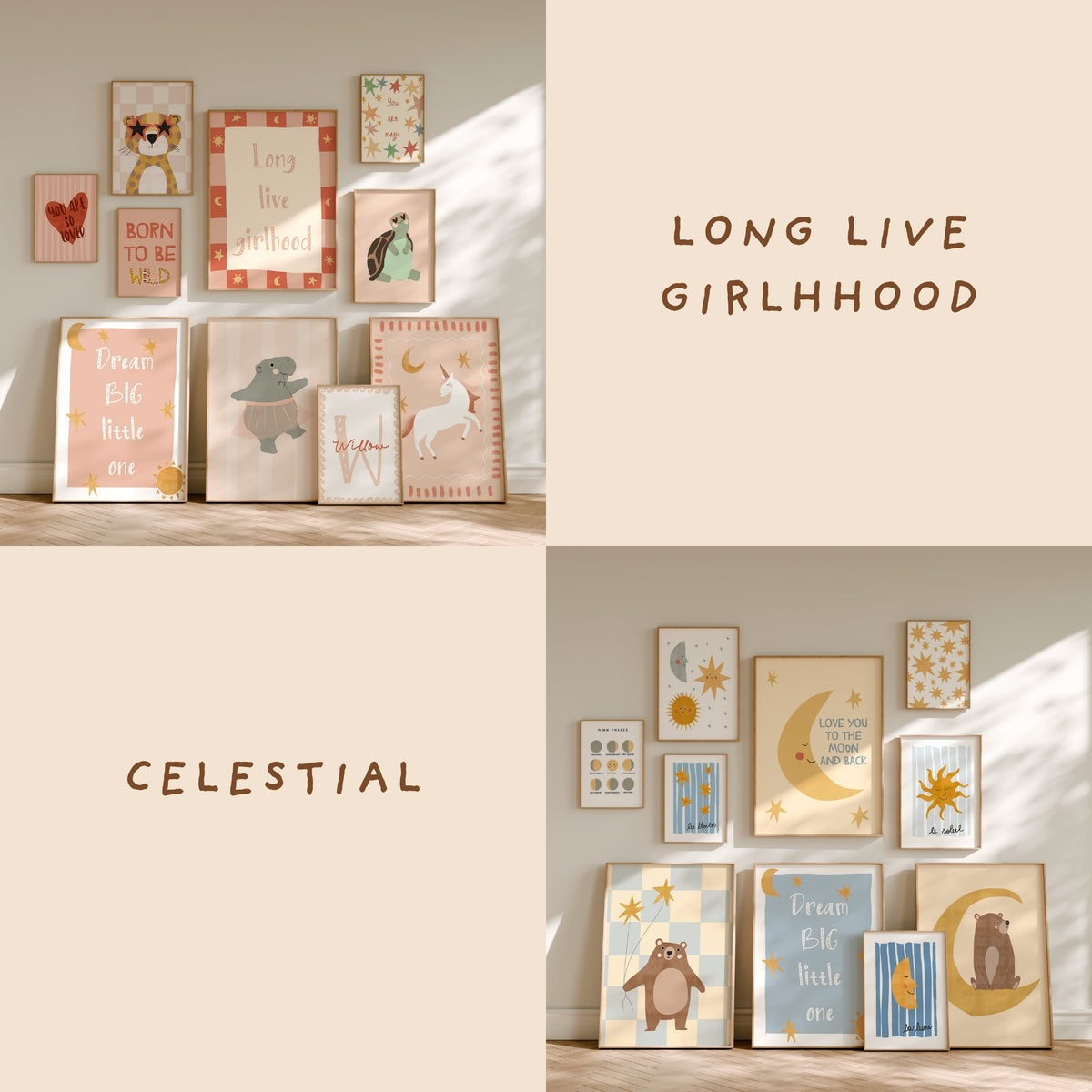 Long Live Girlhood + Celestial collage: Long Live Girlhood quote print with leopard and unicorn art beside celestial nursery gallery with moon phases poster, sun and stars prints in butter yellow and blue, from the 100 print girl bedroom set