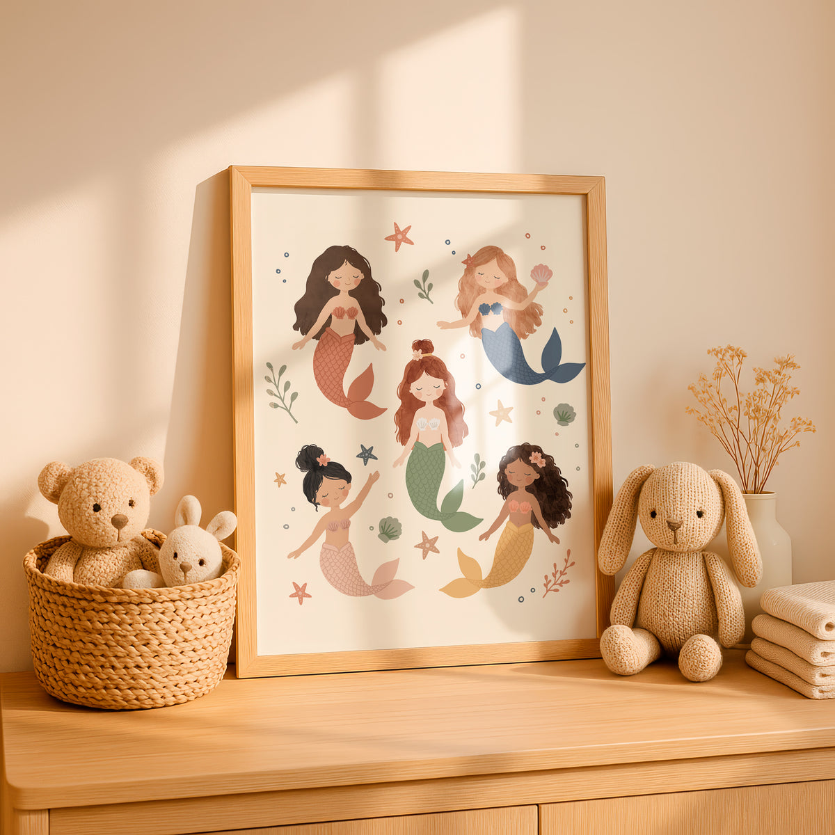 Framed Sea Sisters Mermaids print styled in a nursery – five hand-drawn pastel mermaids among starfish, shells and seaweed