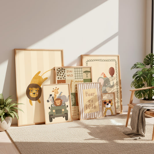 A set of framed safari-themed wall art prints displayed in a styled room corner with a chair, plants, and warm sunlight casting shadows on the wall.