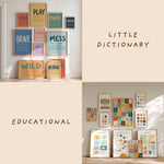 Little Dictionary + Educational collage: Little Dictionary definition posters for playroom walls with Brave, Play and Magic prints beside educational nursery gallery with alphabet, solar system, weather and seasons charts in retro rainbow colours