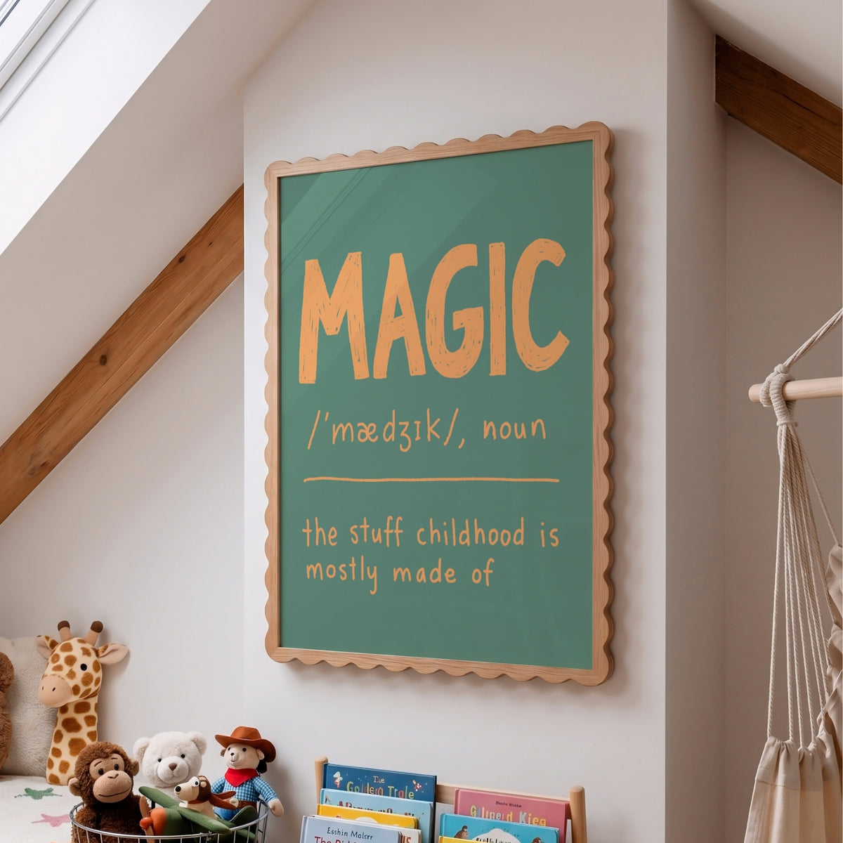 A framed educational wall sign with a scalloped wooden frame and a sage green chalkboard-style background, hanging on a white wall in a child's room. The sign features a dictionary definition of the word 'MAGIC' in orange lettering.