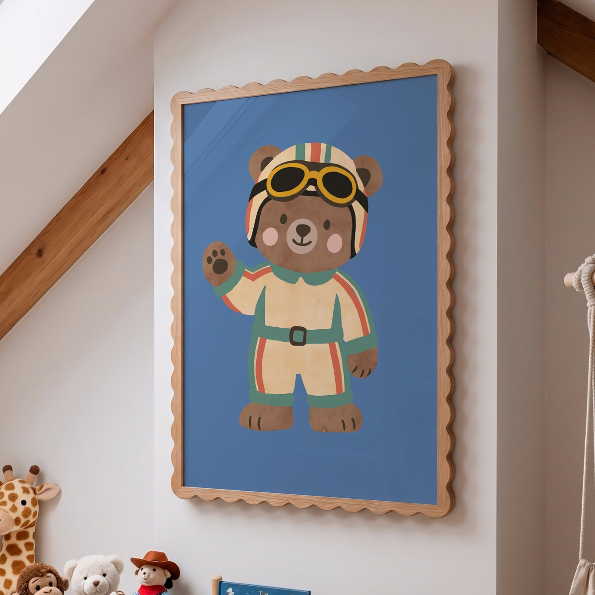 Racing bear kids print in scalloped oak frame on attic bedroom wall above teddy bears and giraffe plush