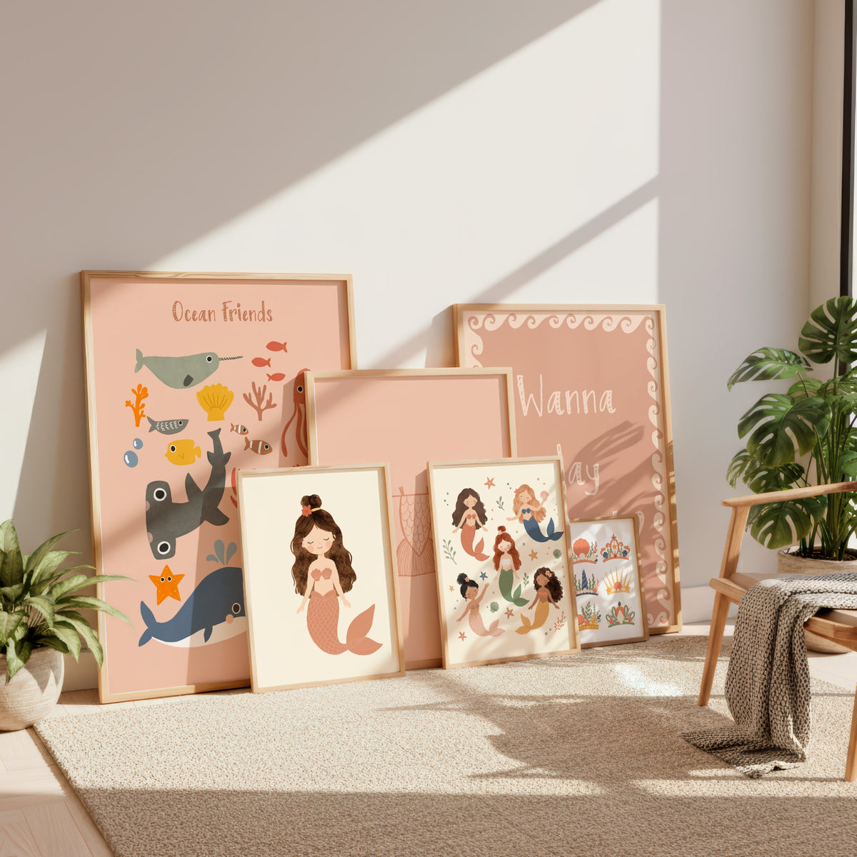 Layered mermaid nursery prints on a rug in sunlight, featuring Ocean Friends, boho mermaid portrait and mermaid friends art