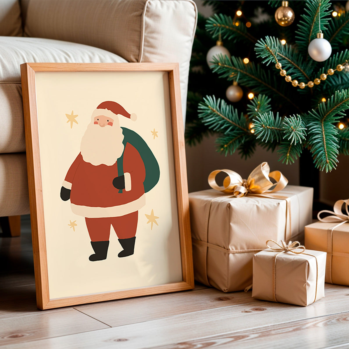 A framed Christmas art print featuring a cartoon Santa Claus leaning against a beige sofa, with wrapped gift boxes and a decorated Christmas tree in the background.