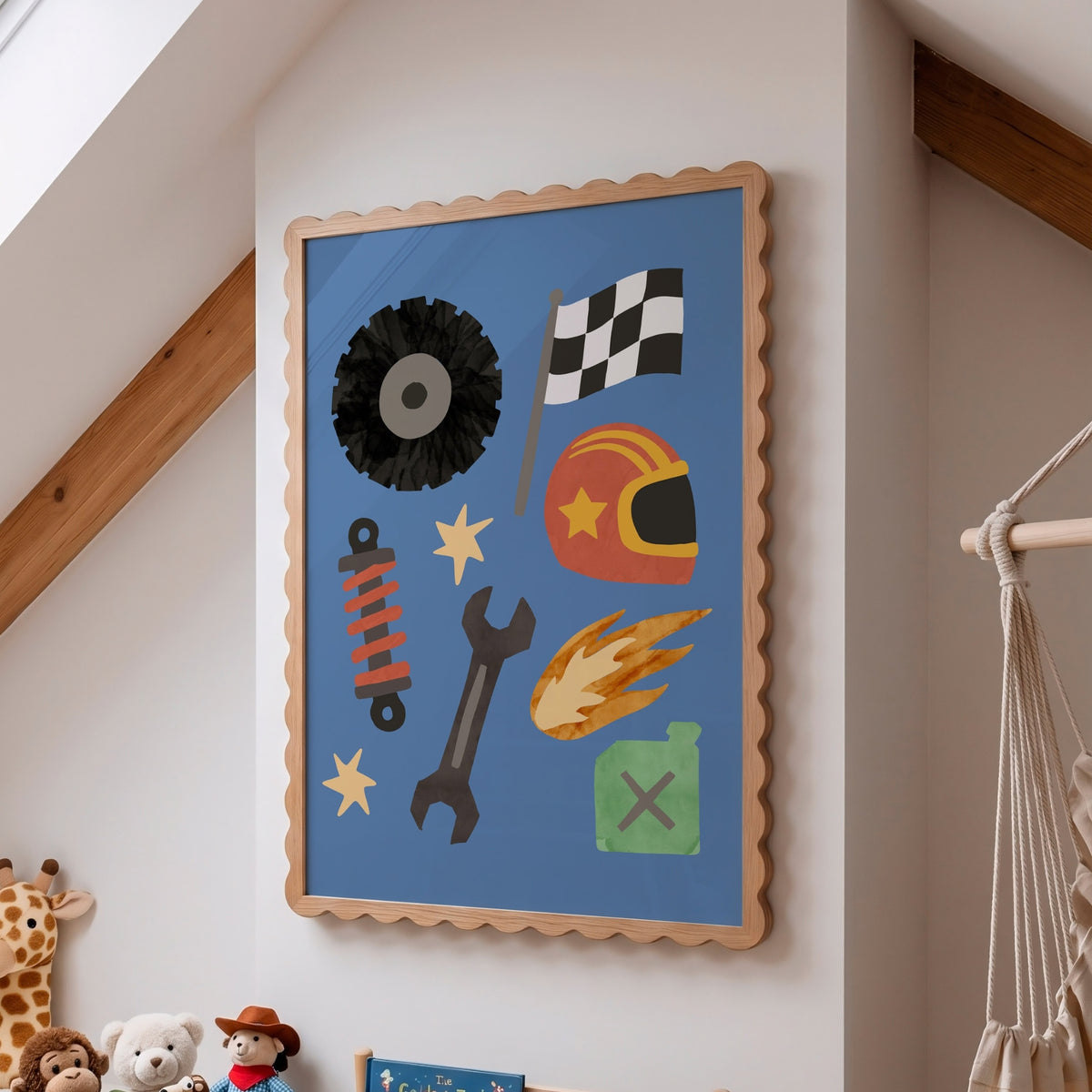 A framed art print featuring a blue background with various racing and workshop-themed icons like a checkered flag, tire, wrench, helmet, and flame, displayed on a white wall in a child's room.