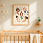 Framed Sea Sisters Mermaids print styled in a nursery – five hand-drawn pastel mermaids among starfish, shells and seaweed