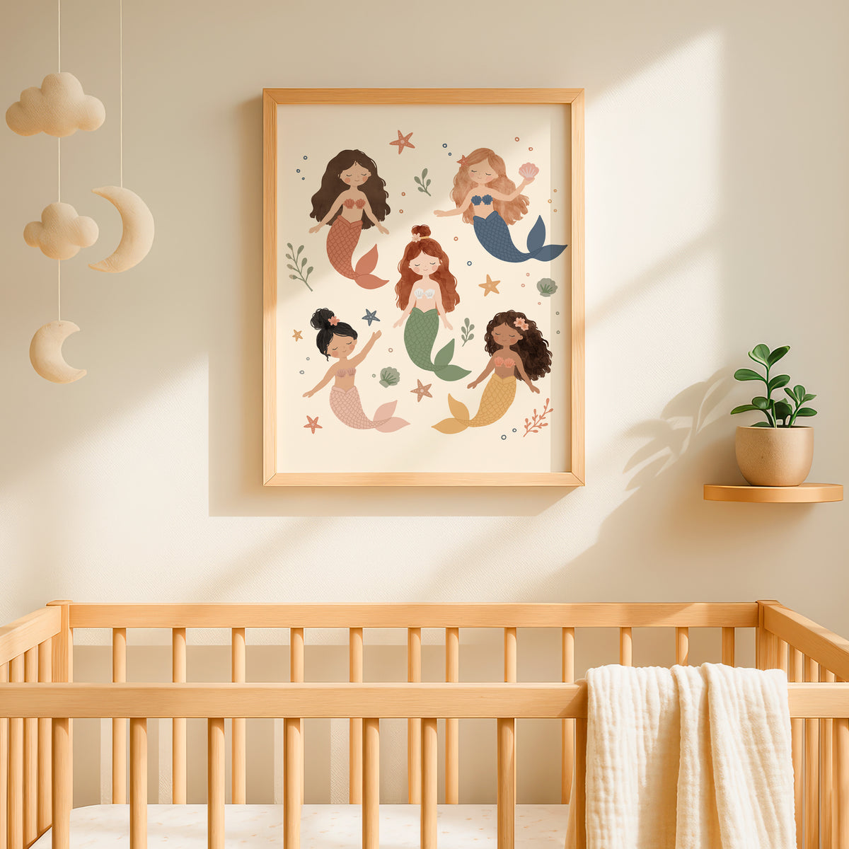 Framed Sea Sisters Mermaids print styled in a nursery – five hand-drawn pastel mermaids among starfish, shells and seaweed