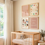 Four mermaid prints in a gallery wall above a wooden nursery crib, with Mermaid Magic stars, mermaid tails and playful quote