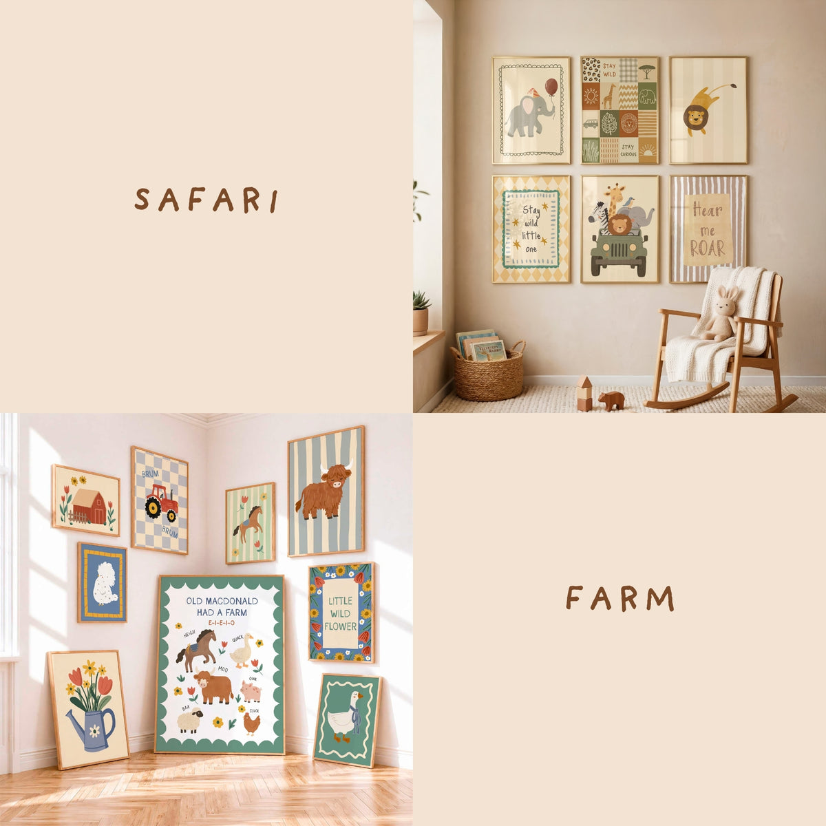 Safari + Farm collage: Safari animal nursery prints with elephant, lion and Hear Me Roar poster beside farm gallery wall with highland cow, red tractor, Old MacDonald chart and silkie chicken prints, both in the girl playroom download