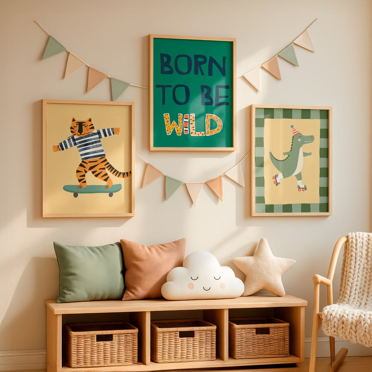 Three framed children's wall art prints hang above a wooden bench in a styled nursery. The center print says 'BORN TO BE WILD' on a green background, the left print shows a cartoon tiger on a skateboard, and the right print shows a green dinosaur on a plaid background.