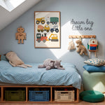 A styled children's bedroom corner with a wooden bed frame, light blue dotted bedding, plush toys, wall hooks, a framed truck poster, and a green ottoman under natural window light.