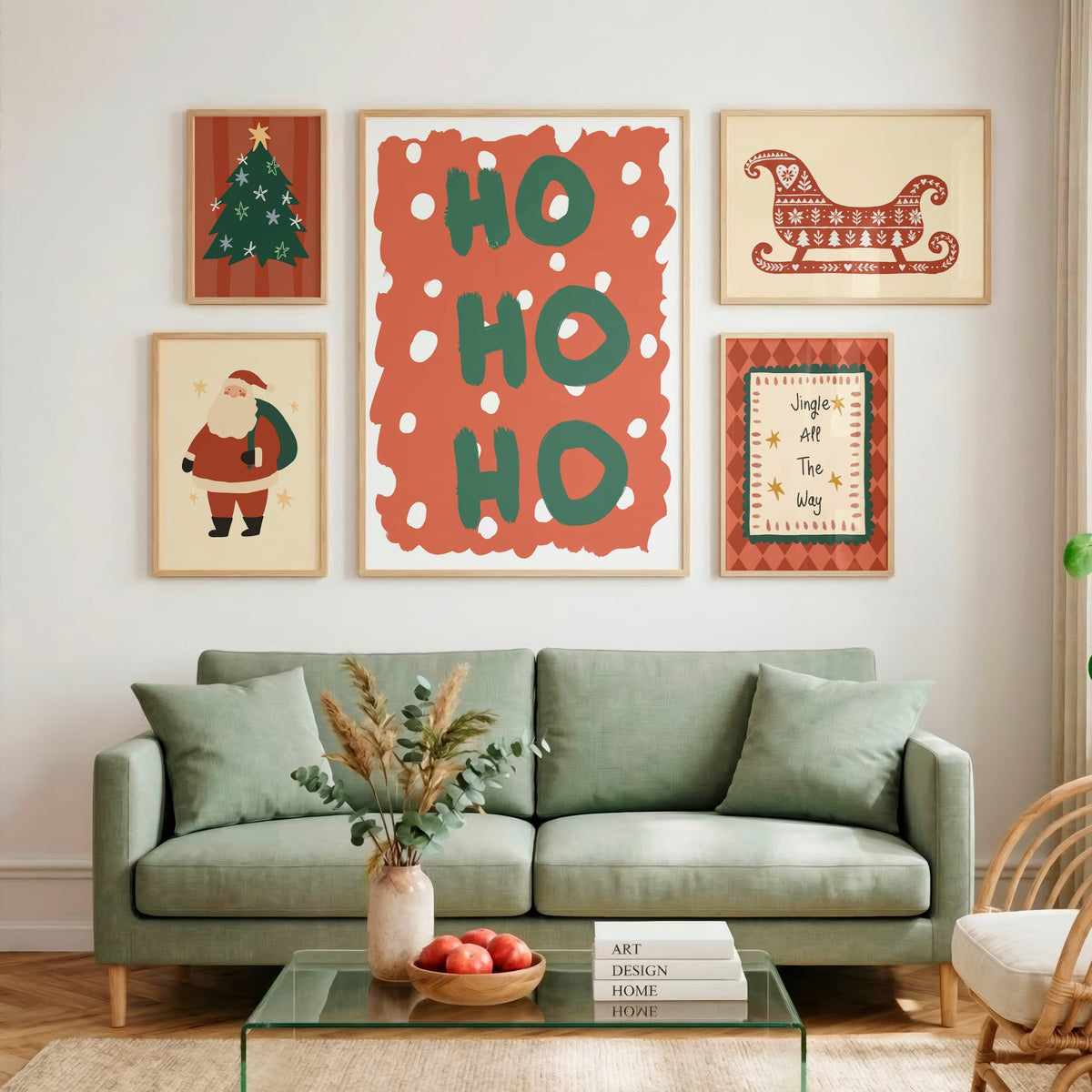 A set of six framed Christmas art prints arranged in a gallery wall above a sage green sofa in a modern living room. The prints feature festive designs including 'HO HO HO' in green letters on a coral background, a green Christmas tree, a red Santa Claus illustration, a red patterned sleigh, and a holiday quote.