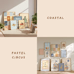 Coastal + Pastel Circus collage: Coastal kids prints with surfing turtle, Born by the Sea quote and beach checkerboard art beside pastel circus gallery with big top tent, hot air balloon and You Are Magic print in soft blue and cream