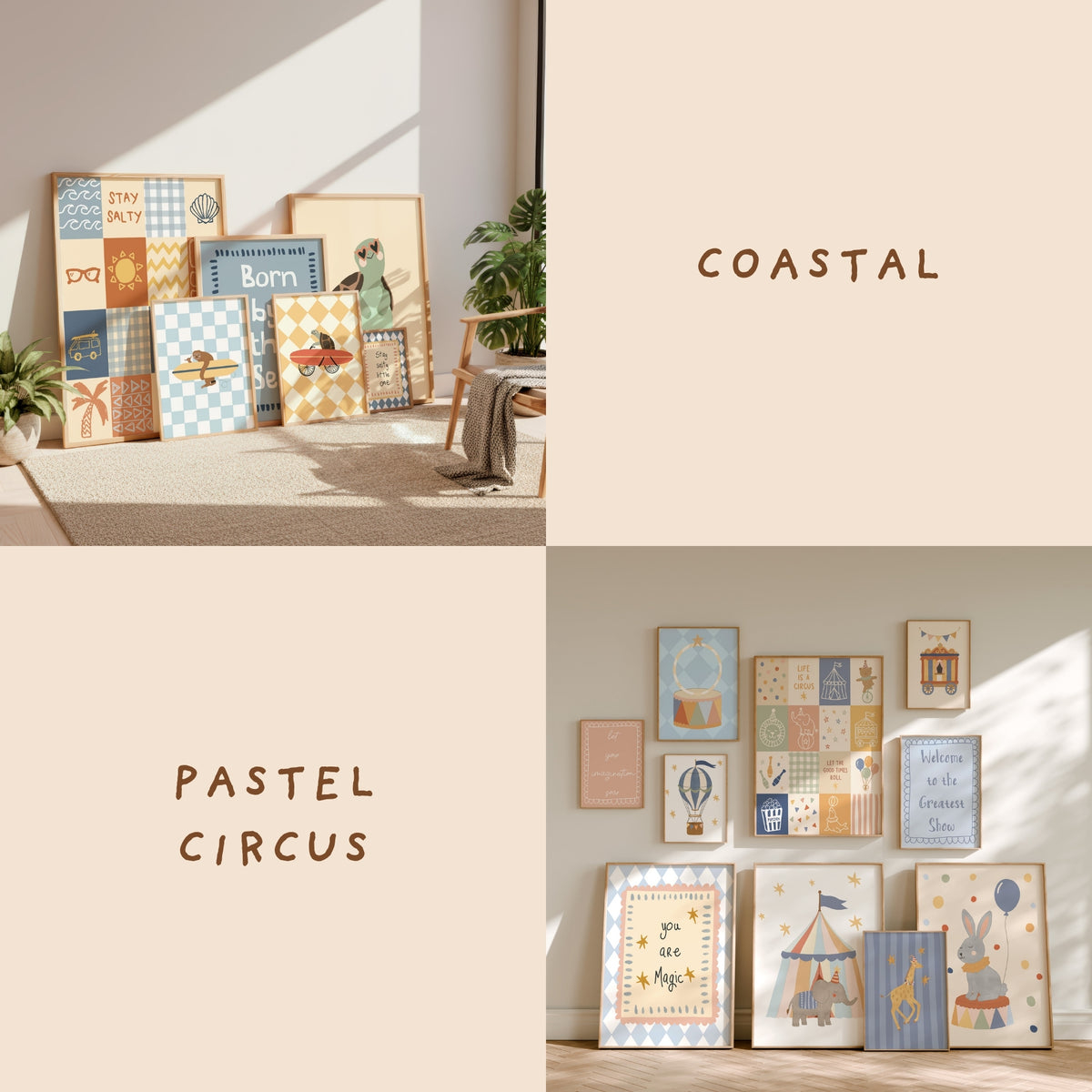 Coastal + Pastel Circus collage: Coastal kids prints with surfing turtle, Born by the Sea quote and beach checkerboard art beside pastel circus gallery with big top tent, hot air balloon and You Are Magic print in soft blue and cream