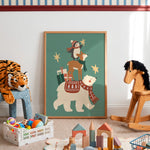 A framed art print featuring a whimsical winter scene with polar bears and a llama under stars, styled in a child's playroom with toys, a rocking horse, and a stuffed tiger.