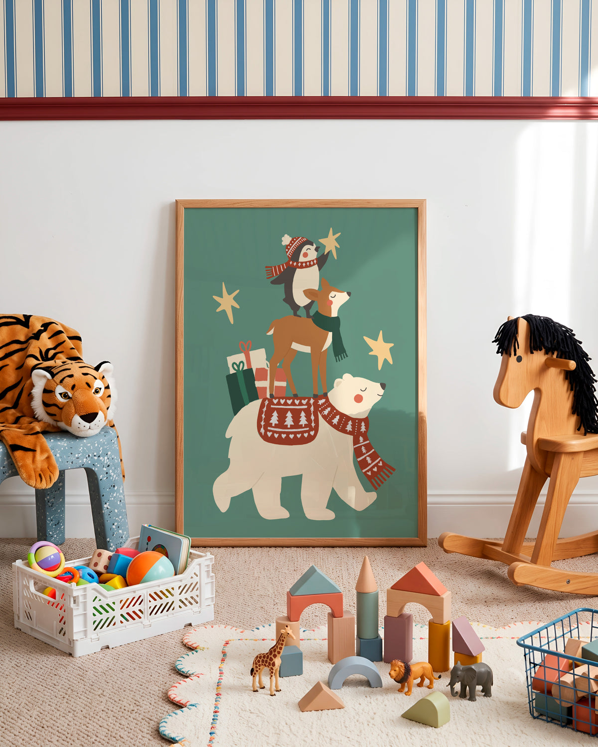 A framed art print featuring a whimsical winter scene with polar bears and a llama under stars, styled in a child's playroom with toys, a rocking horse, and a stuffed tiger.