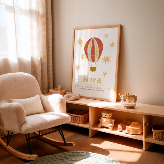 Personalised Hot Air Balloon Stars Print with Name and Birth Details, Whimsical Nursery Poster