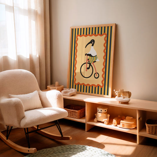 Retro Ibis on Bicycle Nursery Wall Art – Playful Whimsical Poster by Little Lemons Art — view 2