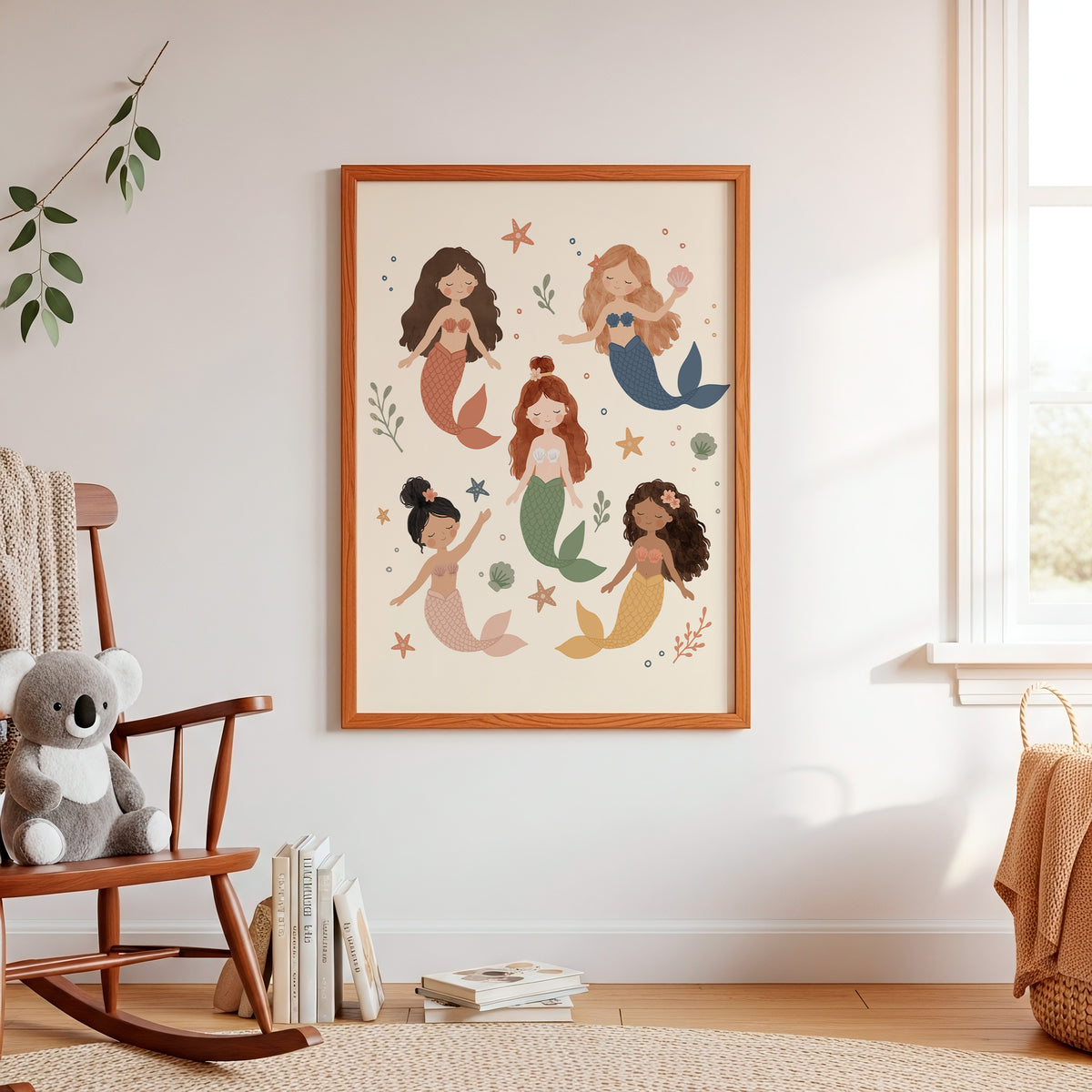 Framed Sea Sisters Mermaids print styled in a nursery – five hand-drawn pastel mermaids among starfish, shells and seaweed