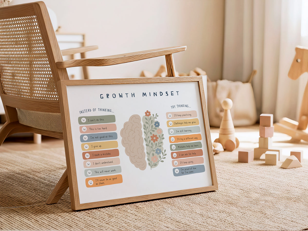 A framed 'Growth Mindset' poster displayed on a woven rug in a cozy, sunlit children's room. The poster features a split brain illustration with colorful lists of positive thinking phrases on a white background, housed in a light wood frame.