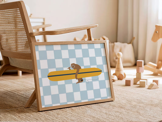 Surf Sloth — Blue Checkerboard Beach Nursery Print by Little Lemons Art — view 2
