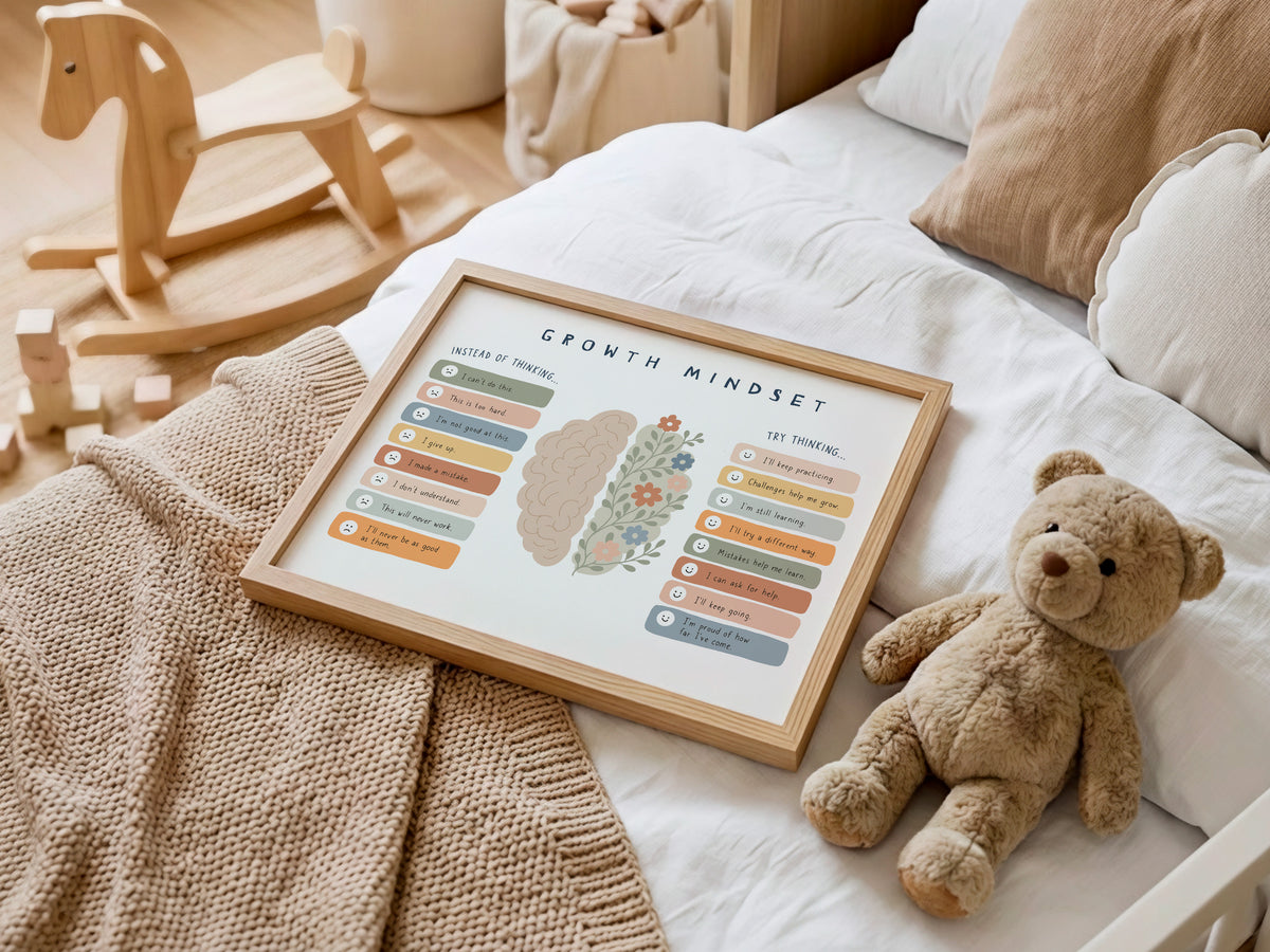 A framed 'Growth Mindset' poster displayed on a cozy bed with a teddy bear and blanket, alongside a wooden rocking horse in the background.