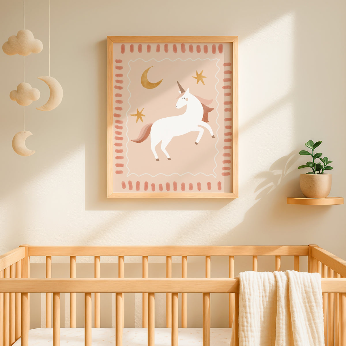 Framed Whimsical Unicorn print styled in a nursery