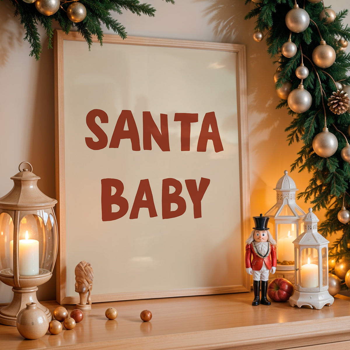 A framed Christmas sign reading 'SANTA BABY' in dark red letters on a cream background, styled on a wooden shelf with holiday greenery, silver ornaments, lanterns, and a nutcracker.