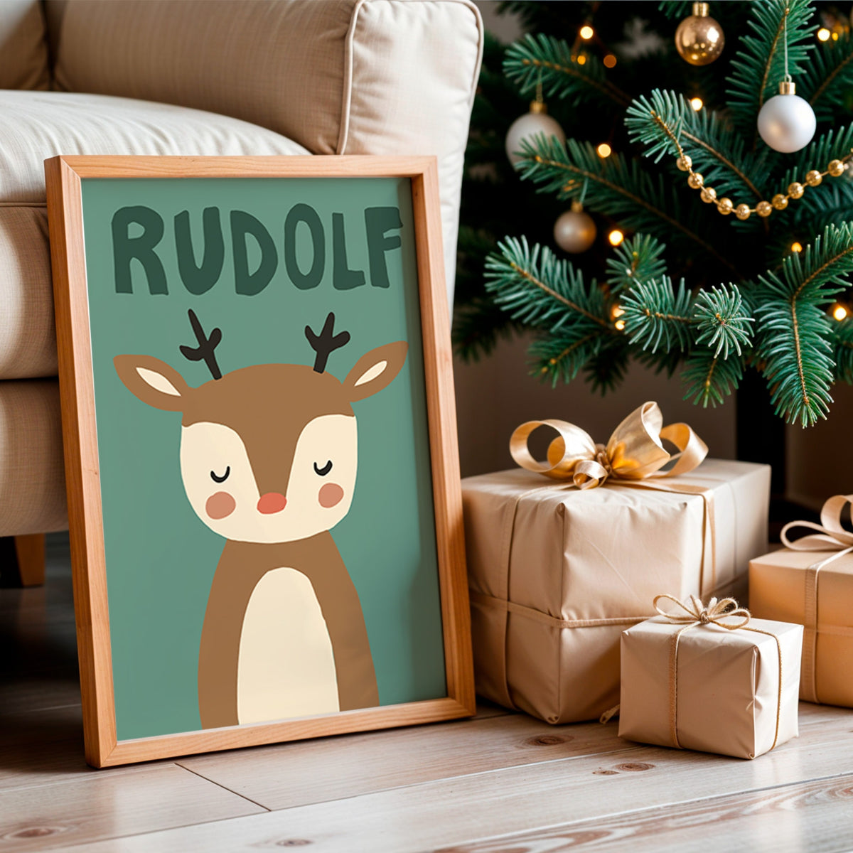 A framed personalized Christmas art print featuring a cartoon reindeer with the name 'RUDOLF' above it, styled on a wooden floor next to wrapped gifts and a decorated Christmas tree.