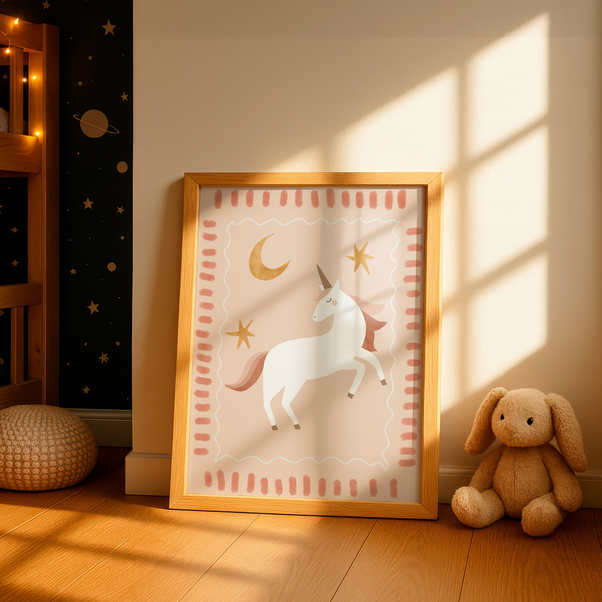 Framed Whimsical Unicorn print styled in a nursery