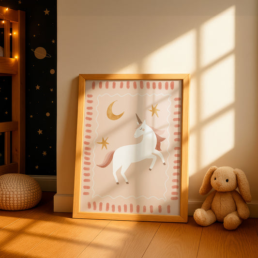 Framed Whimsical Unicorn print styled in a nursery