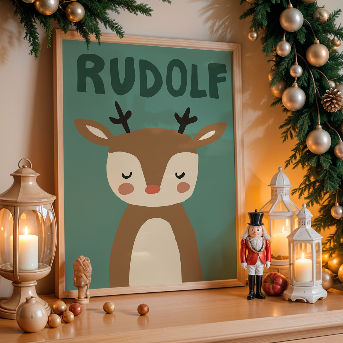 A framed personalized Christmas art print featuring a cartoon reindeer and the name 'RUDOLF' in dark green letters on a muted teal background. The print is styled on a wooden mantel with holiday decorations including a lantern, nutcracker, ornaments, and a garland with gold baubles.