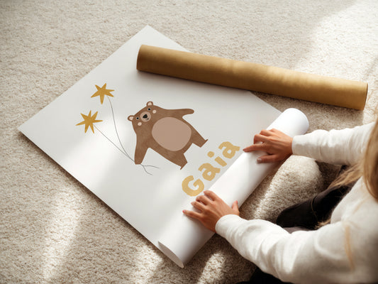 Personalised Bear and Stars Print with Name and Birth Details, Whimsical Nursery Poster by Little Lemons Art — view 2