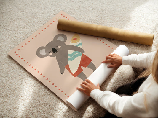 Whimsical Surf Koala Nursery Print, Whimsical Kids Poster