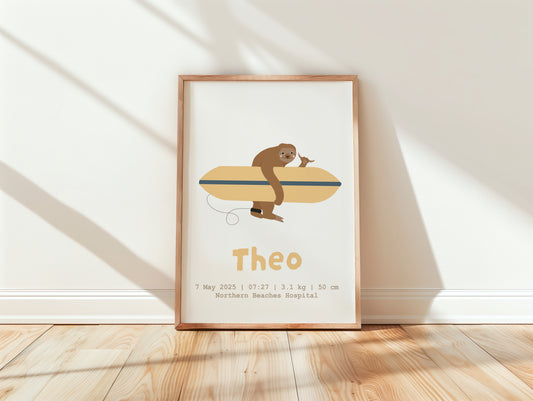 Personalised Surf Sloth Print with Name and Birth Details
