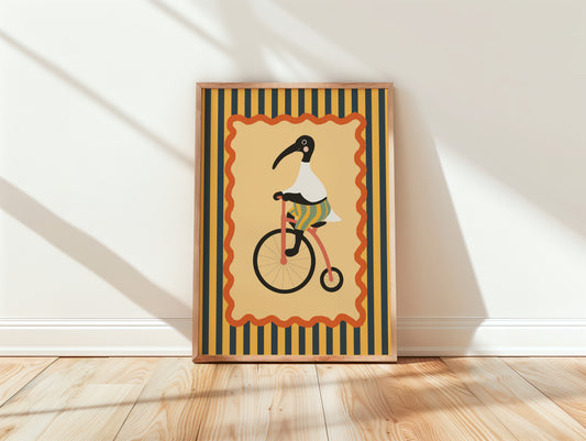 Retro Ibis on Bicycle Nursery Wall Art – Playful Whimsical Poster by Little Lemons Art