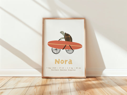 Personalised Surf Turtle Print with Name and Birth Details