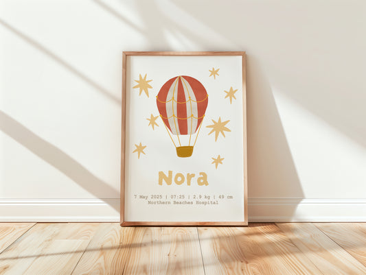 Personalised Hot Air Balloon Stars Print with Name and Birth Details, Whimsical Nursery Poster