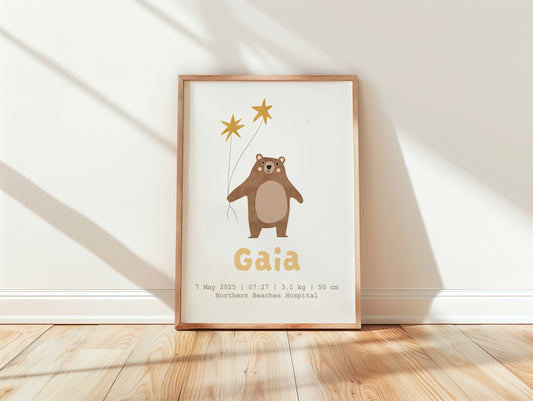 Personalised Bear and Stars Print with Name and Birth Details, Whimsical Nursery Poster by Little Lemons Art