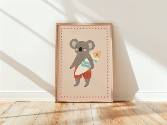 Whimsical Surf Koala Nursery Print, Whimsical Kids Poster