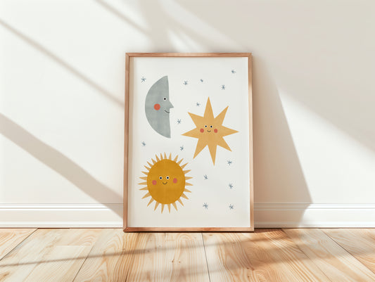 Whimsical Sun, Moon, and Star Nursery Wall Art